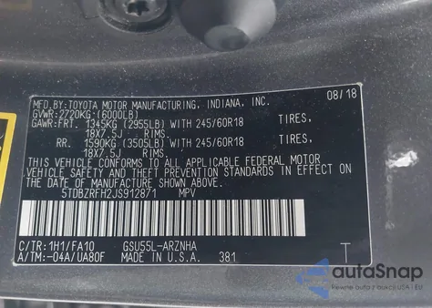 2018 Toyota Highlander Le Plus from USA, damaged, VIN 5TDBZRFH2JS912871